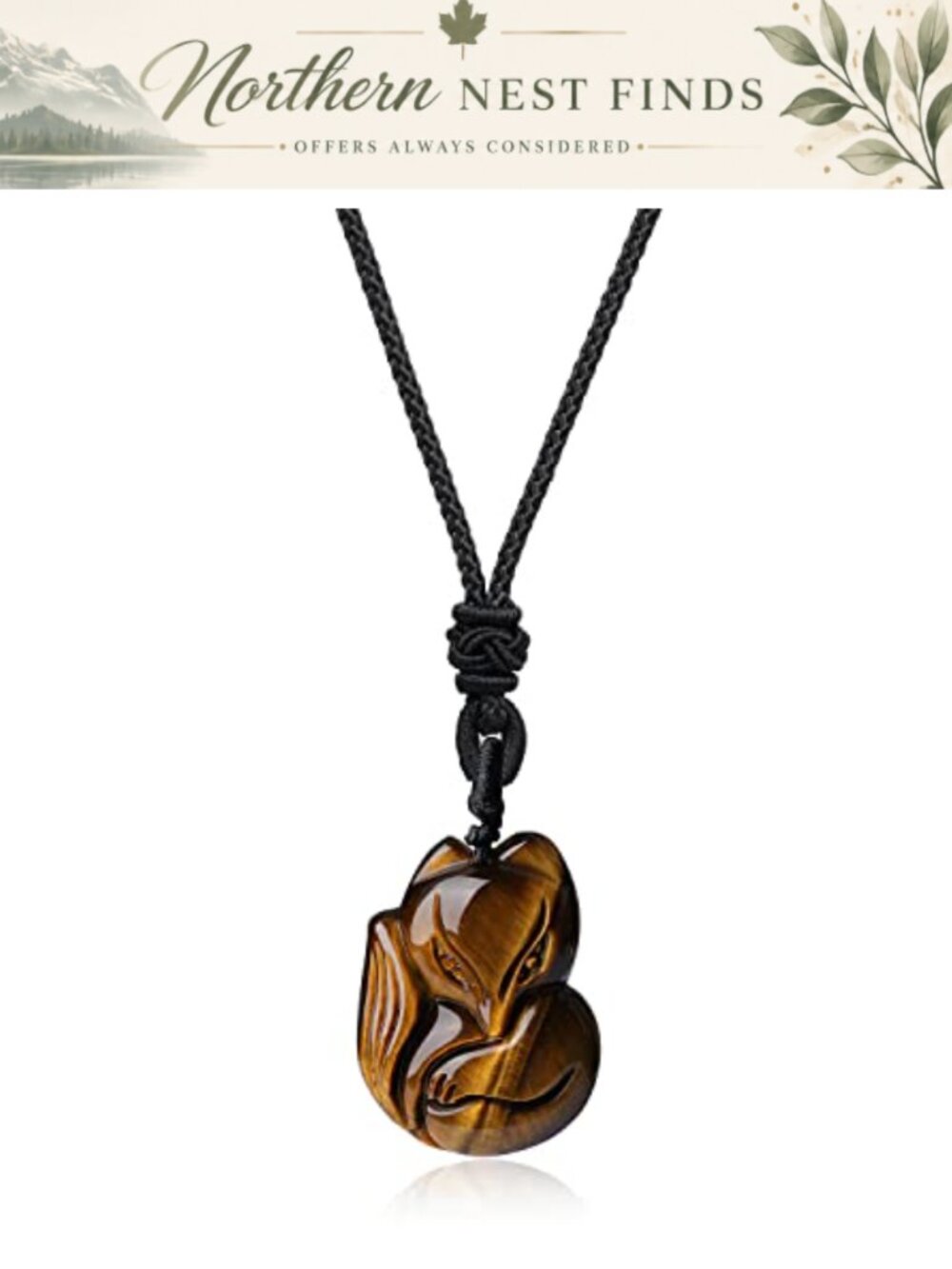 Tiger Eye Fox Pendant Necklace Adjustable Nylon Cord Healing Crystal